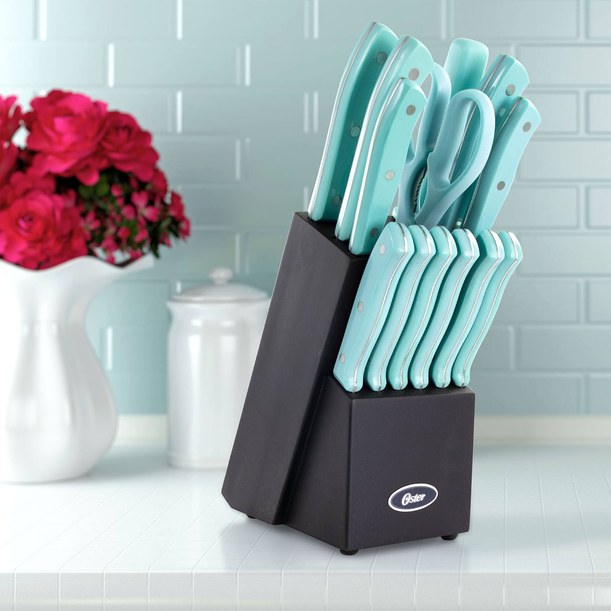 Oster Steffen 14-Piece Blue Stainless Steel Cutlery Set with Storage Block